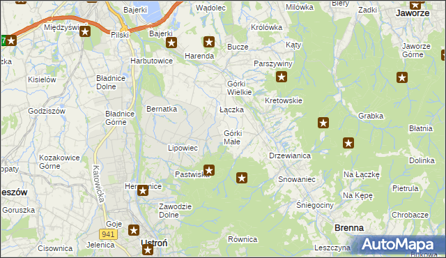 mapa Górki Małe gmina Brenna, Górki Małe gmina Brenna na mapie Targeo