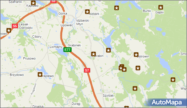 mapa Grabin gmina Ostróda, Grabin gmina Ostróda na mapie Targeo