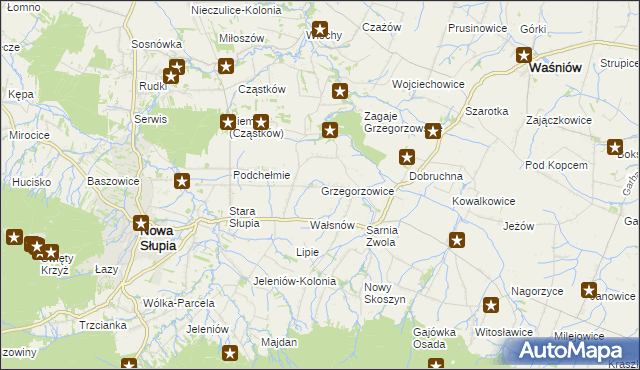 mapa Grzegorzowice gmina Waśniów, Grzegorzowice gmina Waśniów na mapie Targeo