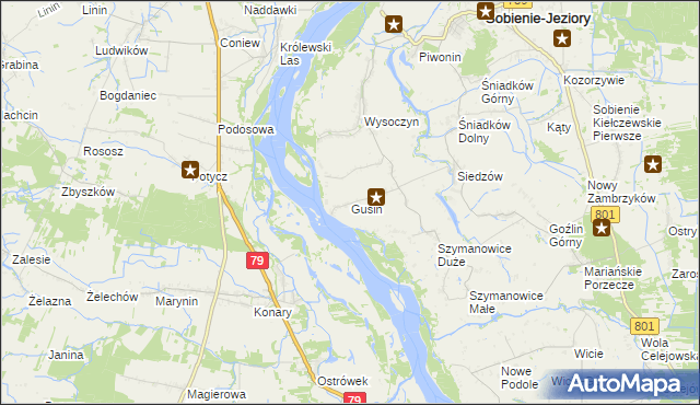 mapa Gusin gmina Sobienie-Jeziory, Gusin gmina Sobienie-Jeziory na mapie Targeo