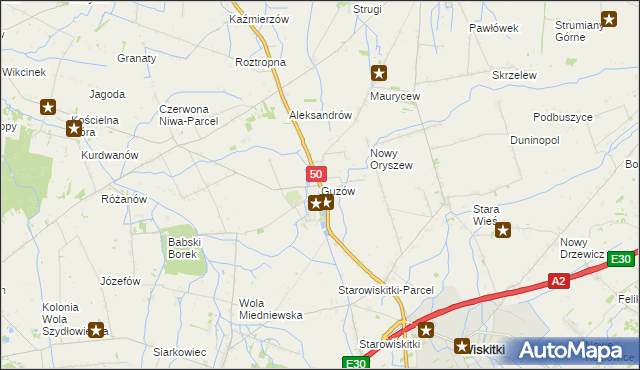 mapa Guzów gmina Wiskitki, Guzów gmina Wiskitki na mapie Targeo