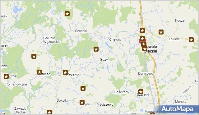 mapa Guzy gmina Kowale Oleckie, Guzy gmina Kowale Oleckie na mapie Targeo