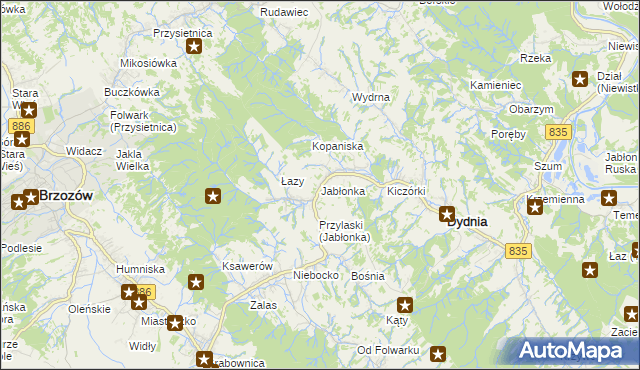 mapa Jabłonka gmina Dydnia, Jabłonka gmina Dydnia na mapie Targeo