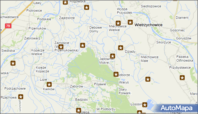 mapa Jadowniki Mokre gmina Wietrzychowice, Jadowniki Mokre gmina Wietrzychowice na mapie Targeo