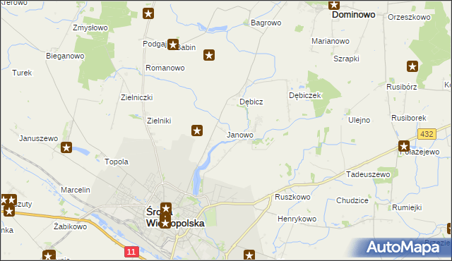 mapa Janowo gmina Środa Wielkopolska, Janowo gmina Środa Wielkopolska na mapie Targeo