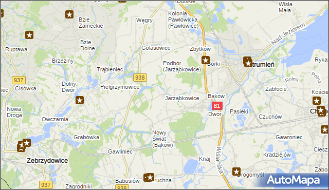 mapa Jarząbkowice gmina Pawłowice, Jarząbkowice gmina Pawłowice na mapie Targeo