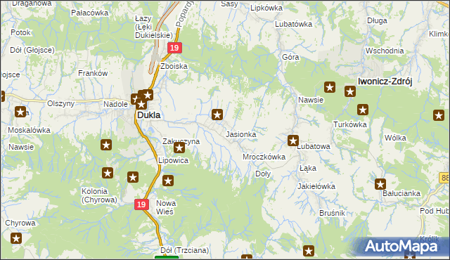 mapa Jasionka gmina Dukla, Jasionka gmina Dukla na mapie Targeo