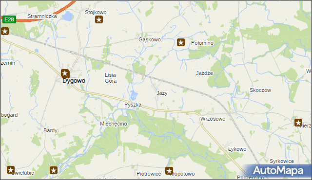 mapa Jazy gmina Dygowo, Jazy gmina Dygowo na mapie Targeo