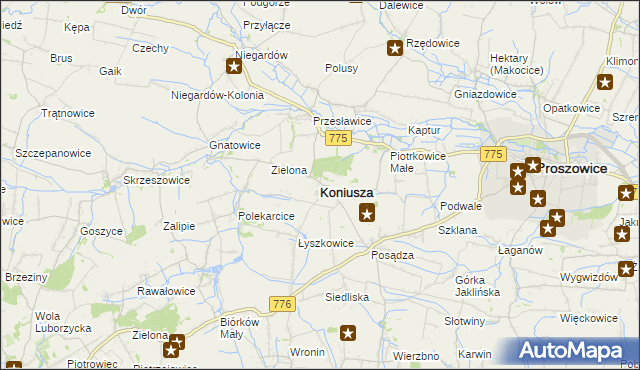 mapa Koniusza powiat proszowicki, Koniusza powiat proszowicki na mapie Targeo