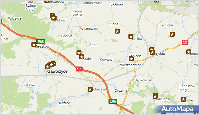mapa Korytów gmina Gaworzyce, Korytów gmina Gaworzyce na mapie Targeo