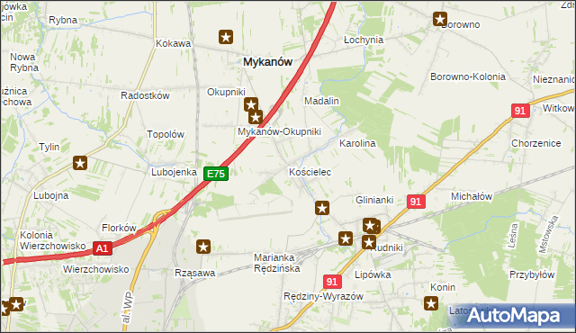 mapa Kościelec gmina Rędziny, Kościelec gmina Rędziny na mapie Targeo