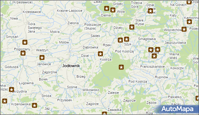 mapa Kostrza gmina Jodłownik, Kostrza gmina Jodłownik na mapie Targeo
