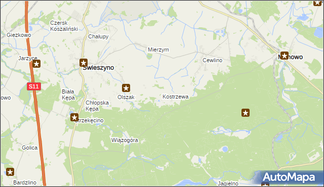 mapa Kostrzewa gmina Manowo, Kostrzewa gmina Manowo na mapie Targeo