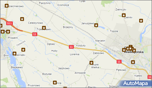 mapa Koszuty gmina Środa Wielkopolska, Koszuty gmina Środa Wielkopolska na mapie Targeo