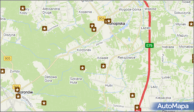 mapa Kowale gmina Konopiska, Kowale gmina Konopiska na mapie Targeo