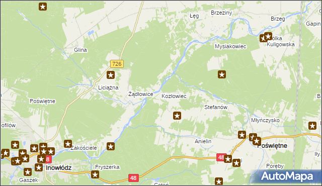 mapa Kozłowiec gmina Poświętne, Kozłowiec gmina Poświętne na mapie Targeo