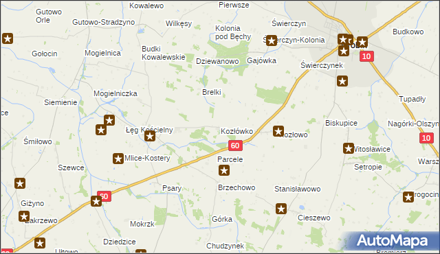 mapa Kozłówko gmina Drobin, Kozłówko gmina Drobin na mapie Targeo