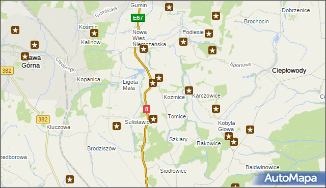 mapa Koźmice, Koźmice na mapie Targeo