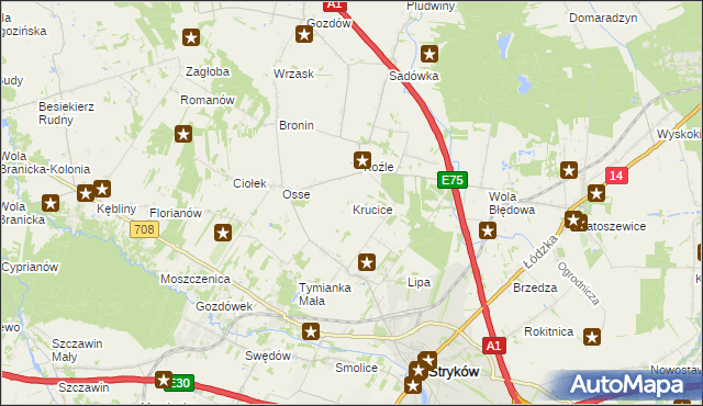 mapa Krucice gmina Stryków, Krucice gmina Stryków na mapie Targeo