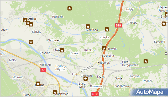 mapa Krzaki gmina Pysznica, Krzaki gmina Pysznica na mapie Targeo