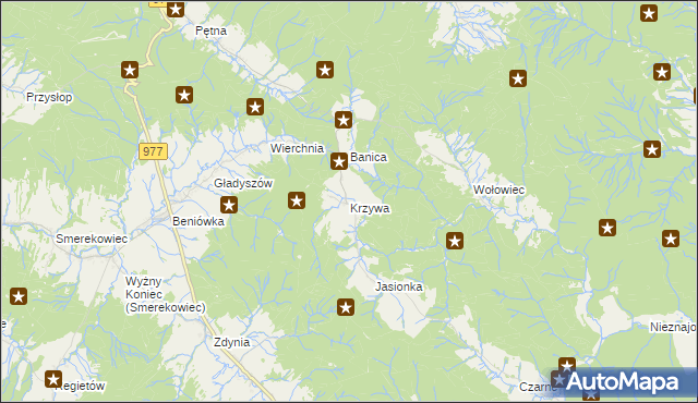 mapa Krzywa gmina Sękowa, Krzywa gmina Sękowa na mapie Targeo