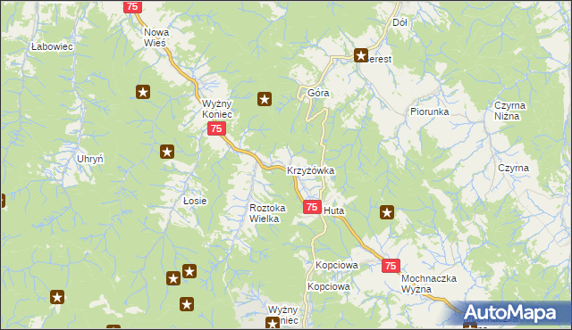 mapa Krzyżówka gmina Łabowa, Krzyżówka gmina Łabowa na mapie Targeo