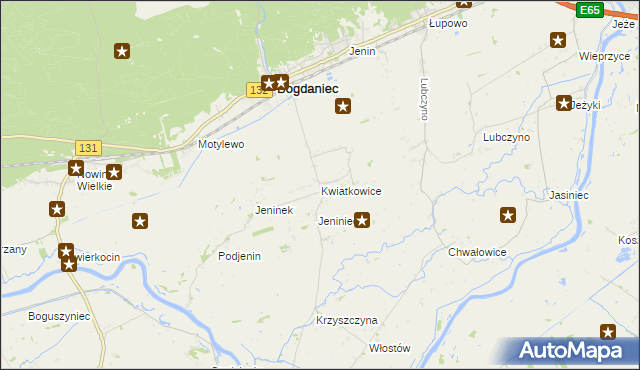 mapa Kwiatkowice gmina Bogdaniec, Kwiatkowice gmina Bogdaniec na mapie Targeo