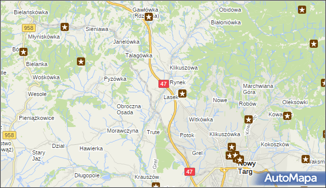 mapa Lasek gmina Nowy Targ, Lasek gmina Nowy Targ na mapie Targeo