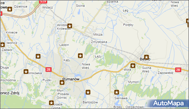 mapa Łazy gmina Rymanów, Łazy gmina Rymanów na mapie Targeo