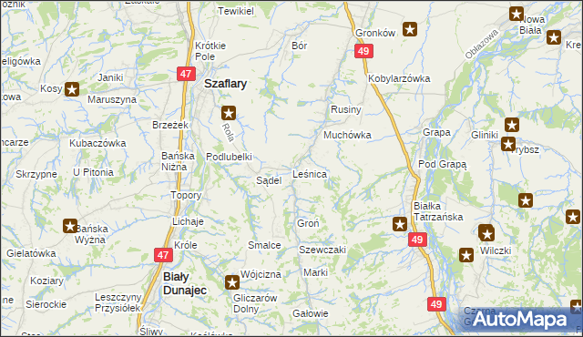 mapa Leśnica gmina Bukowina Tatrzańska, Leśnica gmina Bukowina Tatrzańska na mapie Targeo