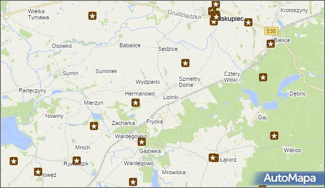 mapa Lipinki gmina Biskupiec, Lipinki gmina Biskupiec na mapie Targeo