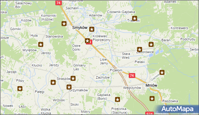 mapa Lisie Jamy gmina Mniów, Lisie Jamy gmina Mniów na mapie Targeo