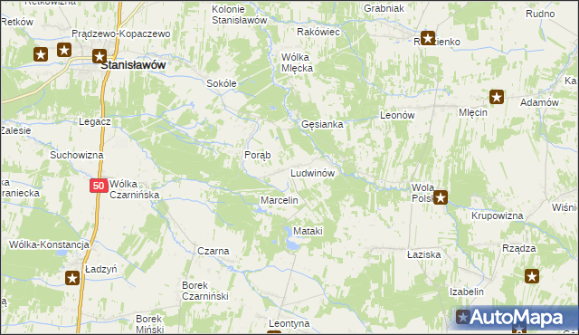 mapa Ludwinów gmina Jakubów, Ludwinów gmina Jakubów na mapie Targeo