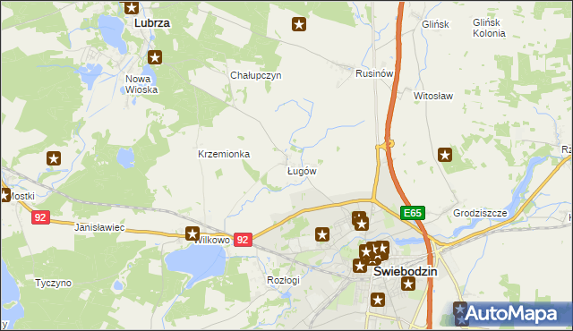 mapa Ługów gmina Świebodzin, Ługów gmina Świebodzin na mapie Targeo