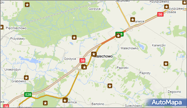 mapa Malechowo powiat sławieński, Malechowo powiat sławieński na mapie Targeo