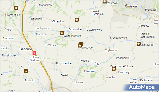mapa Małoszyce gmina Sadowie, Małoszyce gmina Sadowie na mapie Targeo