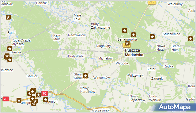 mapa Michałów gmina Puszcza Mariańska, Michałów gmina Puszcza Mariańska na mapie Targeo