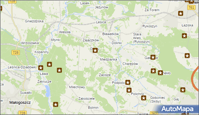 mapa Miedzianka gmina Chęciny, Miedzianka gmina Chęciny na mapie Targeo