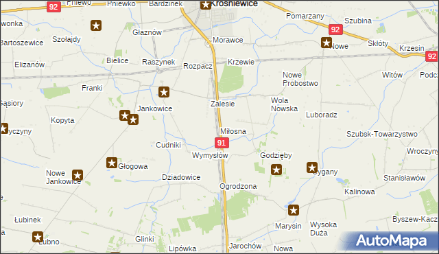 mapa Miłosna gmina Krośniewice, Miłosna gmina Krośniewice na mapie Targeo