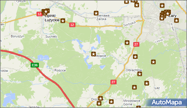 mapa Miłowice gmina Żary, Miłowice gmina Żary na mapie Targeo