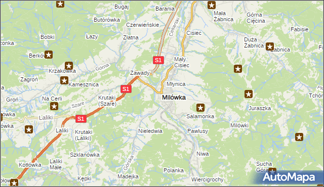 mapa Milówka powiat żywiecki, Milówka powiat żywiecki na mapie Targeo