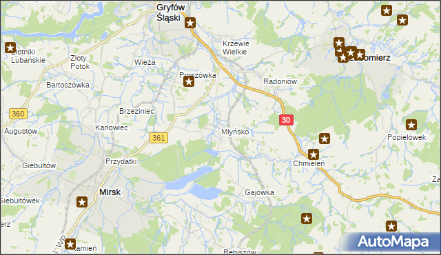 mapa Młyńsko gmina Gryfów Śląski, Młyńsko gmina Gryfów Śląski na mapie Targeo