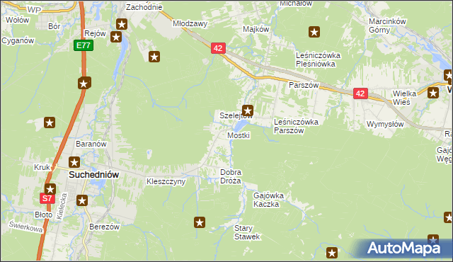mapa Mostki gmina Suchedniów, Mostki gmina Suchedniów na mapie Targeo