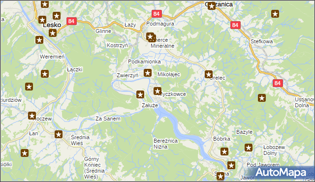 mapa Myczkowce, Myczkowce na mapie Targeo
