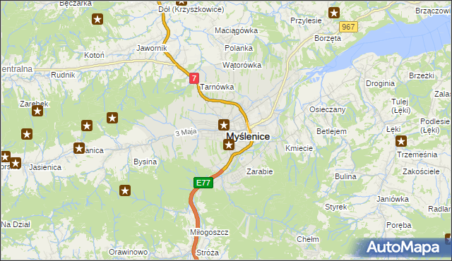 mapa Myślenice, Myślenice na mapie Targeo