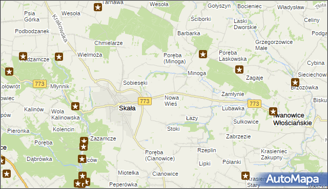 mapa Nowa Wieś gmina Skała, Nowa Wieś gmina Skała na mapie Targeo