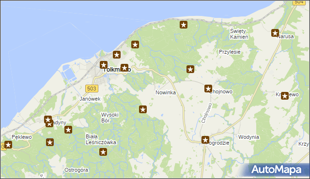 mapa Nowinka gmina Tolkmicko, Nowinka gmina Tolkmicko na mapie Targeo