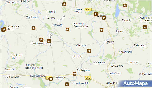 mapa Oleszno gmina Wielgie, Oleszno gmina Wielgie na mapie Targeo