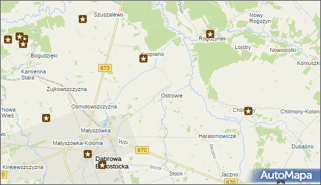 mapa Ostrowie gmina Dąbrowa Białostocka, Ostrowie gmina Dąbrowa Białostocka na mapie Targeo