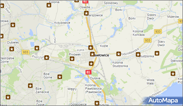 mapa Pawłowice powiat pszczyński, Pawłowice powiat pszczyński na mapie Targeo